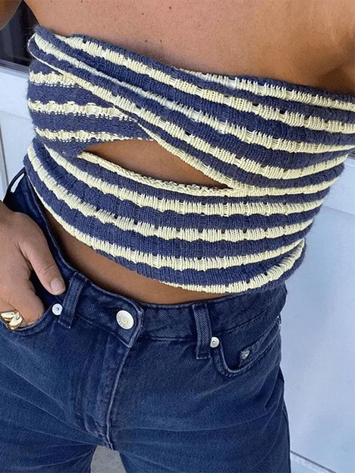 Brownm Twist Cutout Striped Knit Crop Bandeau Top