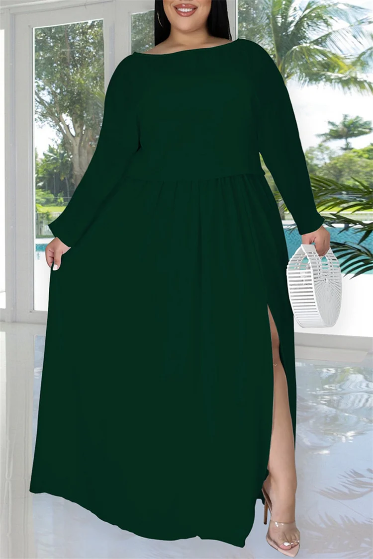 Army Green Fashion Casual Solid Slit O Neck Plus Size Two Pieces