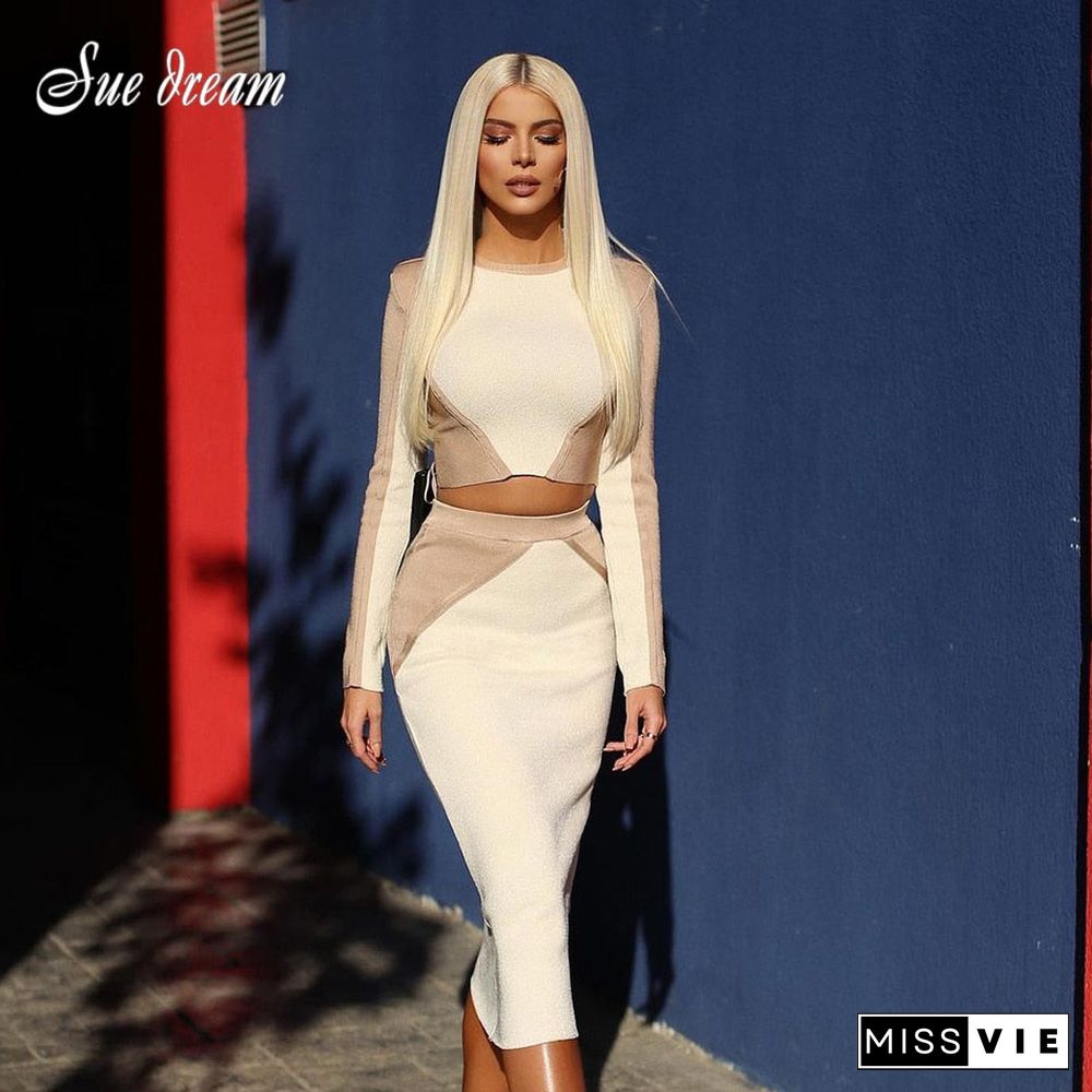 New Women'S Sexy Hit Color Long-Sleeved Stitching Side Zipper Bodycon Bandage Two-Piece Set Celebrity Party Club Suit