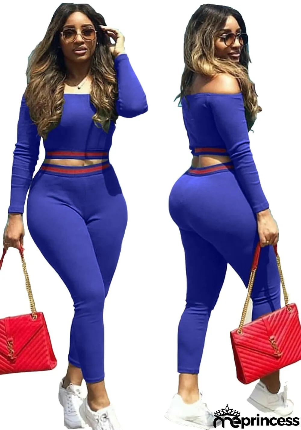 Autumn Blue Off Shoulder Long Sleeve Crop Top and Slim Pants Set