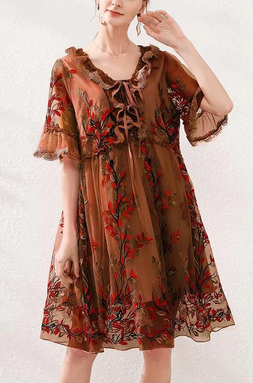 Organic Chocolate Embroidery Lace Butterfly Sleeve Summer Robe Dresses
