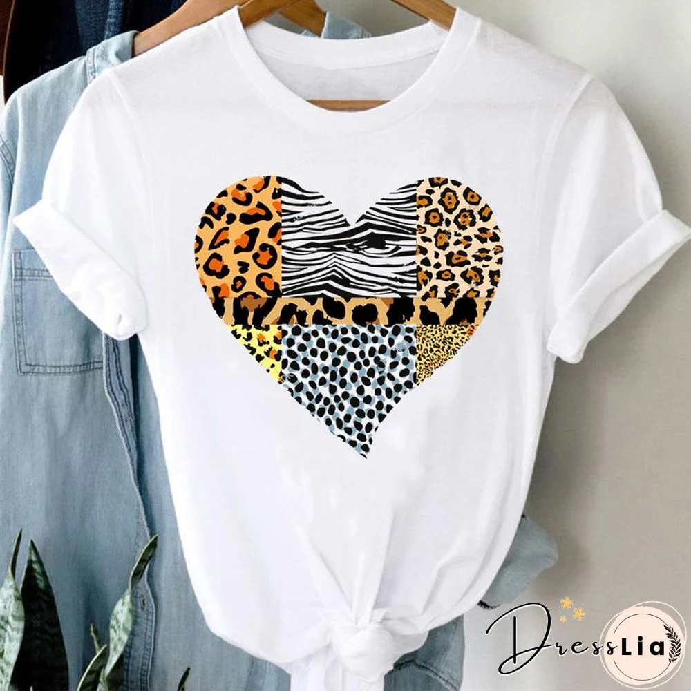 Tee Women Top Leopard Love Heart Cute Clothes Lady Casual Short Sleeve Fashion Summer Tshirt Regular Female Graphic T-Shirt