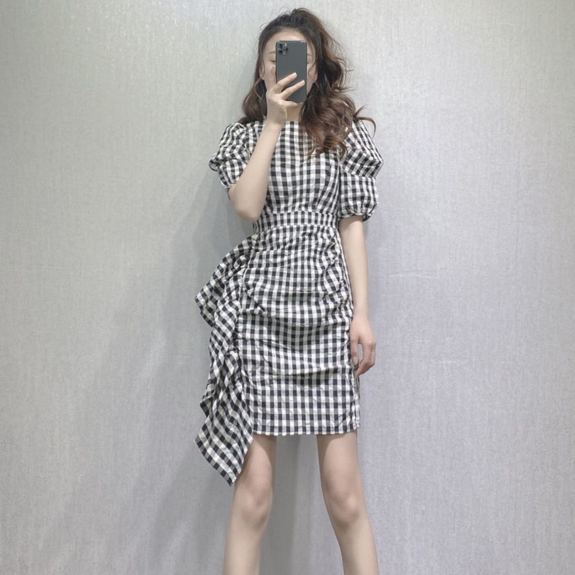 Plaid Puff Sleeve Mini Dress Women 2025 Summer Ruffled Folds High Waist Slim Fit Party Dresses Casual Fashion Vestidos