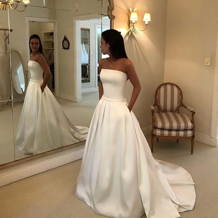 Vintage Simple Tube Top Satin Princess Wedding Dress