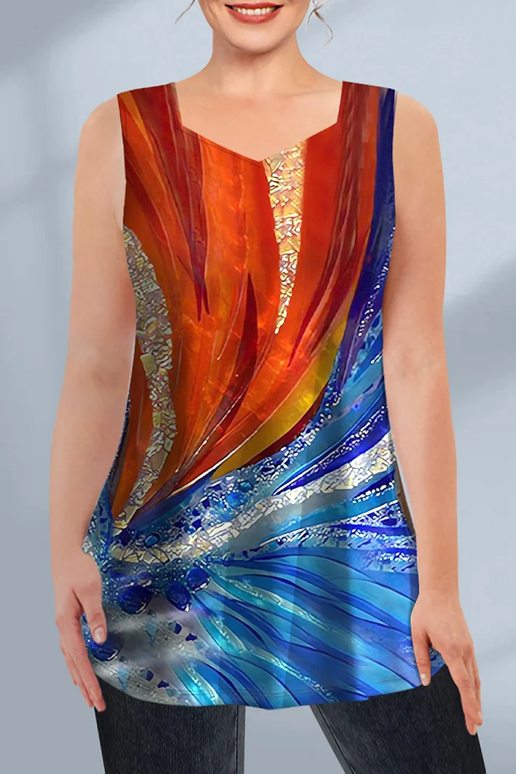 Flycurvy Plus Size Casual Orange Stars And Stripes Tank Top  Flycurvy [product_label]