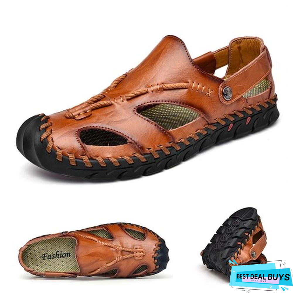 Men's Rome Genuine Leather Sandals Slip On Breathable Beach Sandal Shoes