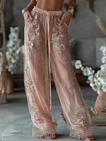 Women's Spring Floral Roses Embroidered Art Print Flowy Linen Blend Casual Pants