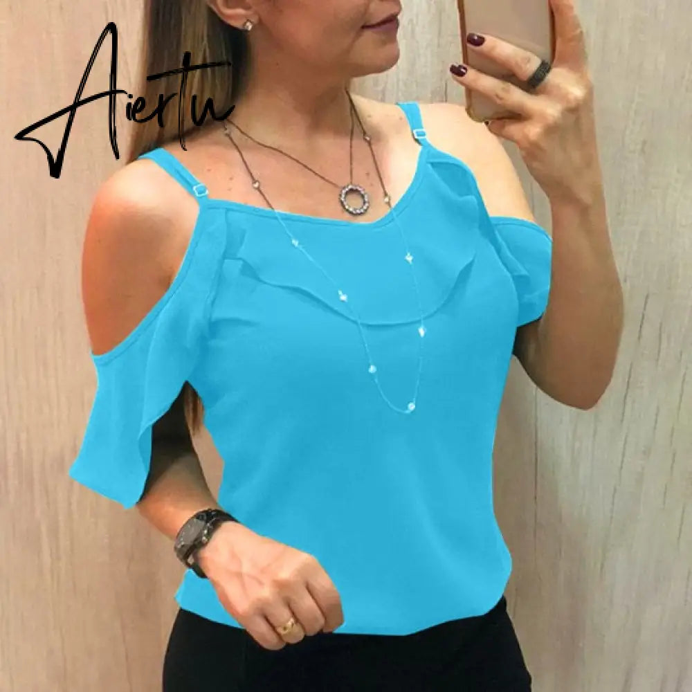 Aiertu Summer Off The Shoulder Ruffles Short Sleeve Blouse New Women Y2K Clothes Harajuku Plus Size Casual Spaghetti Strap Solid Shirts Aiertu