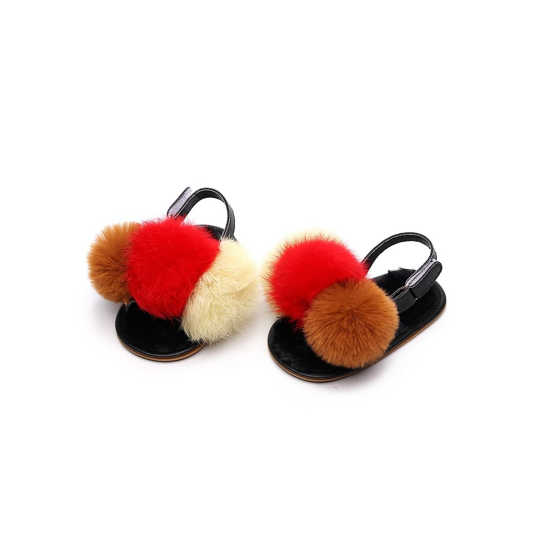 Infant Toddler Baby Girls Fuzzy Balls Colorful Sandals Fashion Girls Princess Party Shoes All Season Soft Anti Slip Home Slipper