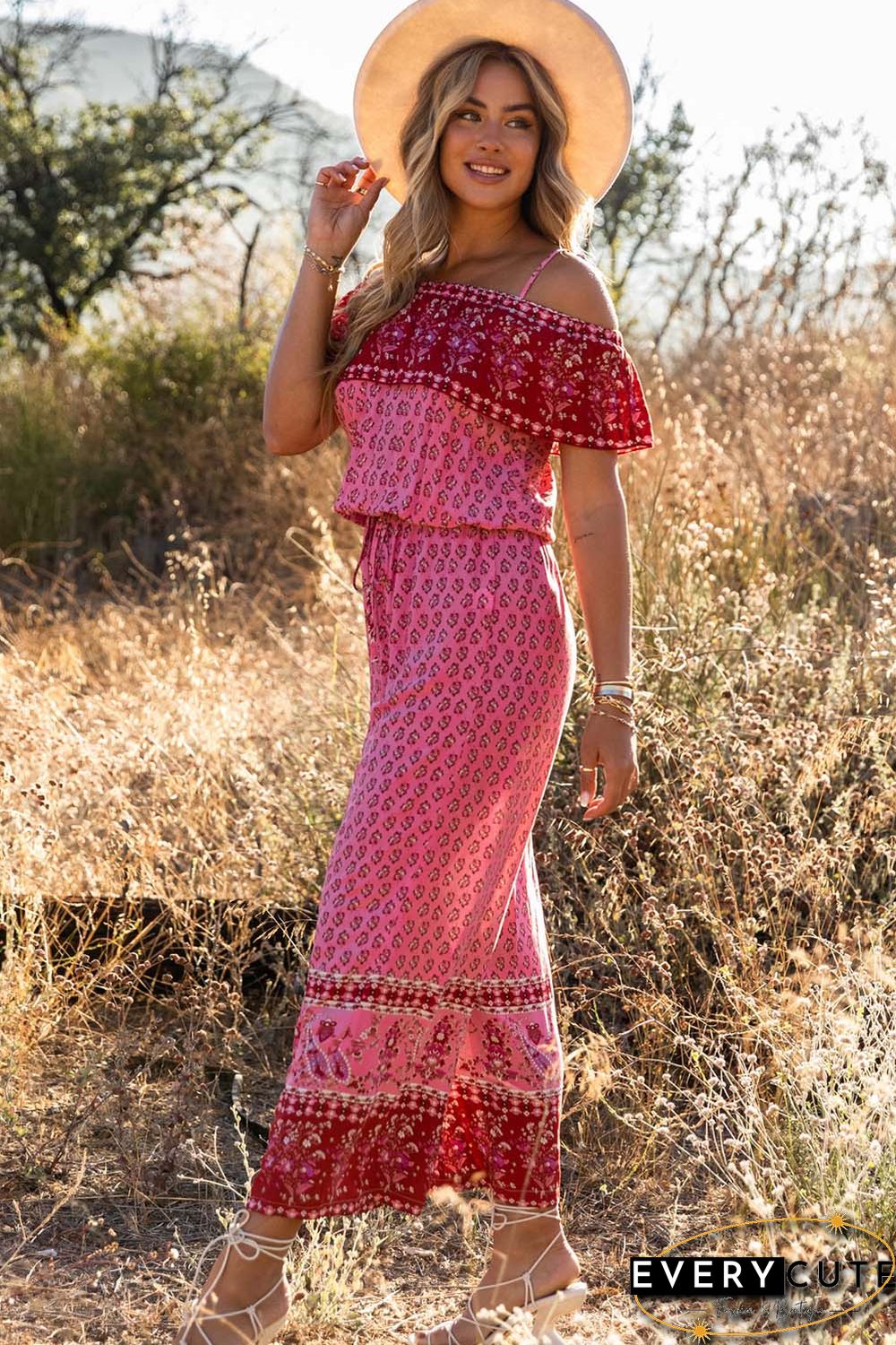 Red Pattern Print Spaghetti Strap Ruffled Wide Leg Jumpsuit