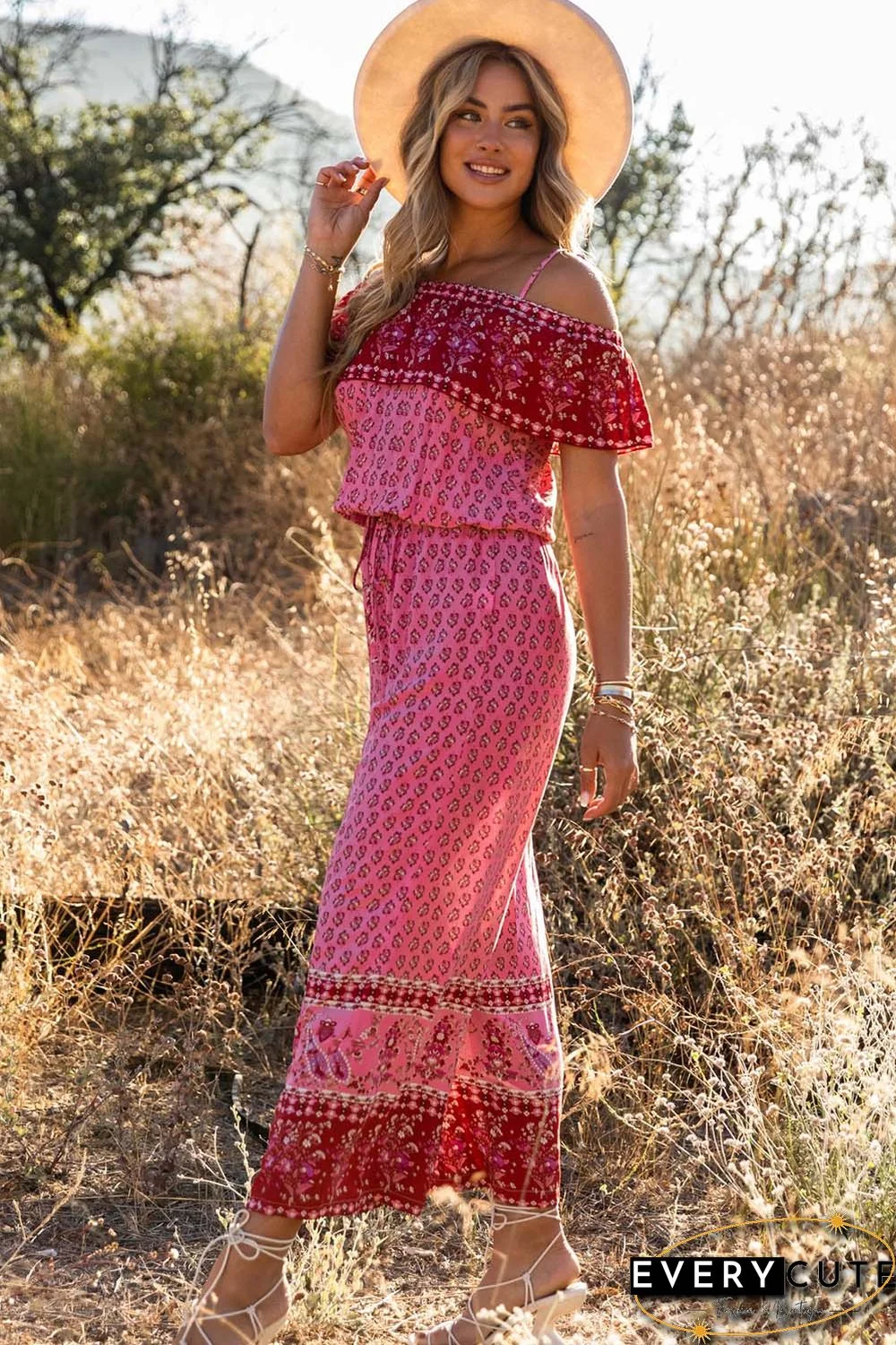 Red Pattern Print Spaghetti Strap Ruffled Wide Leg Jumpsuit