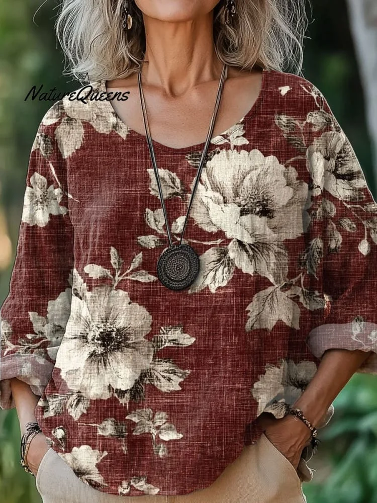 Women's  Flowers  Art  Print Casual Cotton And Linen Shirt