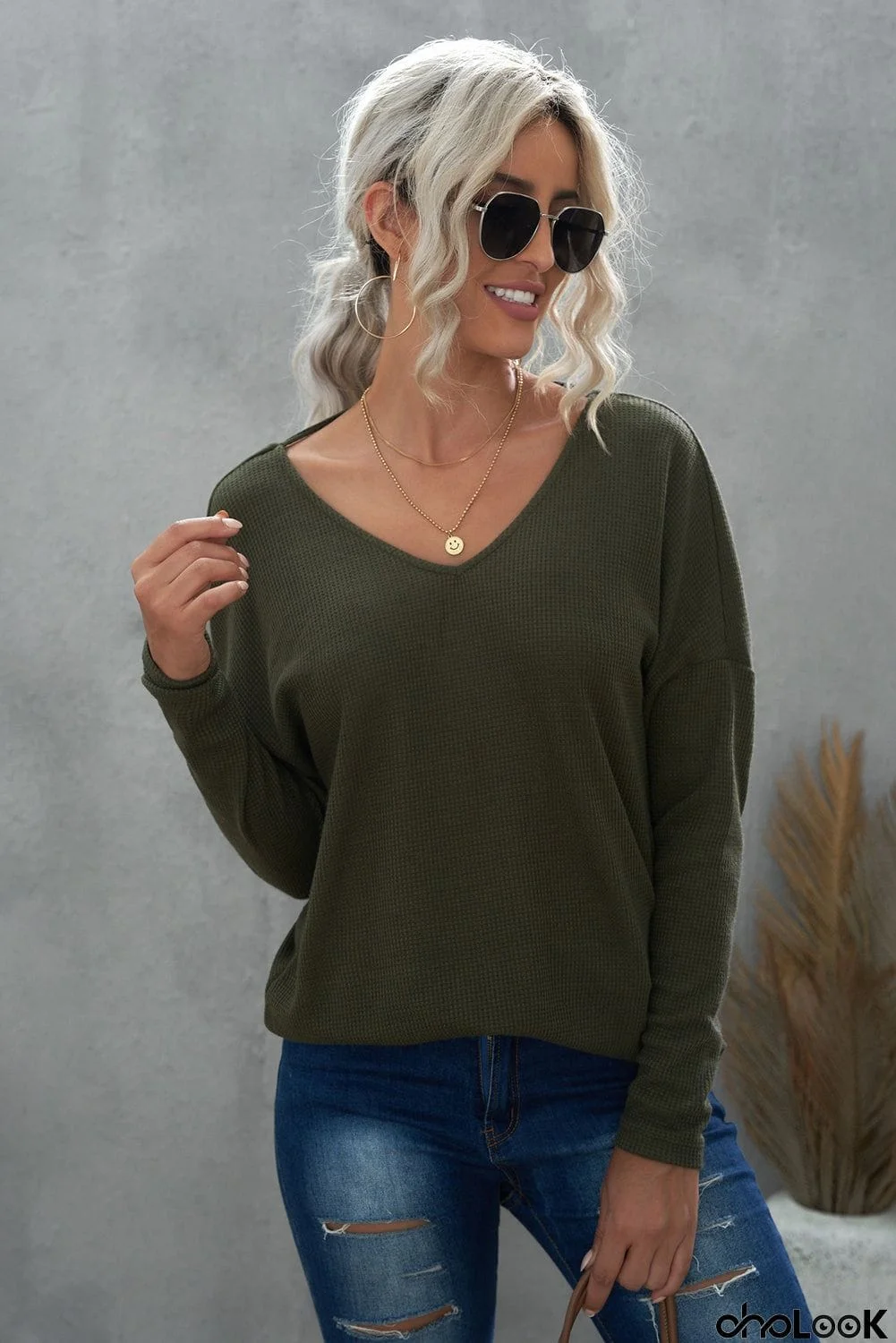 Twist Knot Waffle Knit Long Sleeve Top
