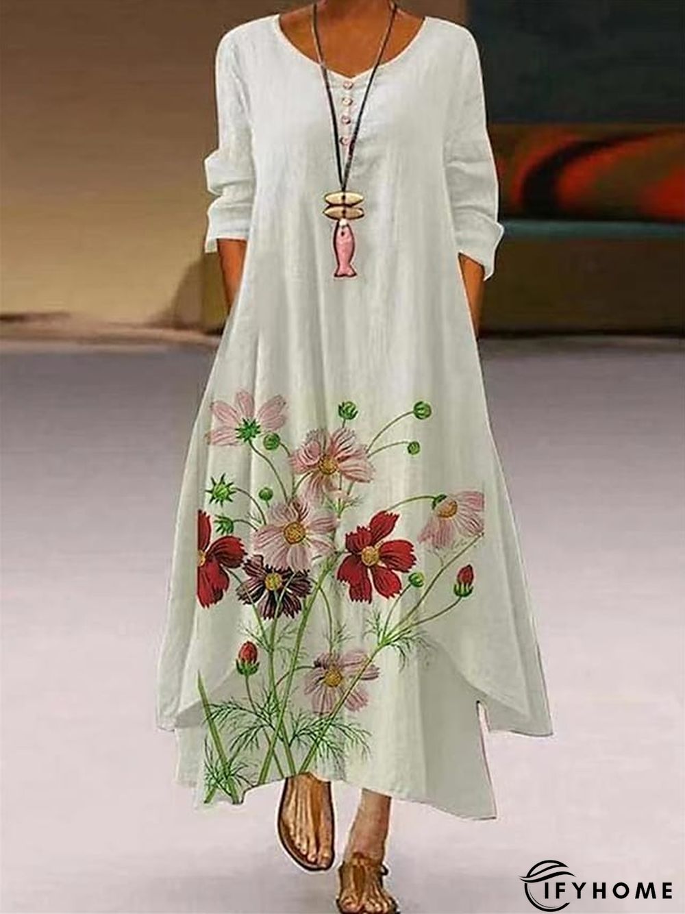 Women's Long Dress Maxi Dress Casual Dress Swing Dress Print Dress Animal Flower Casual Outdoor Daily Weekend Pocket Print Long Sleeve V Neck Dress Loose Fit Light Green Pink Purple Fall Spring S M L | IFYHOME