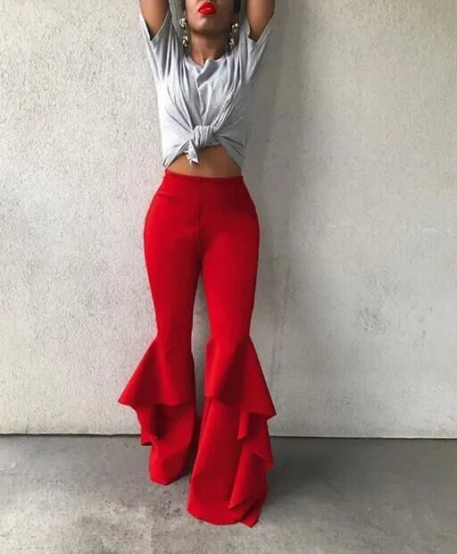 Enthusiastic Red Ruffles Slim Flare Elastic Bottom