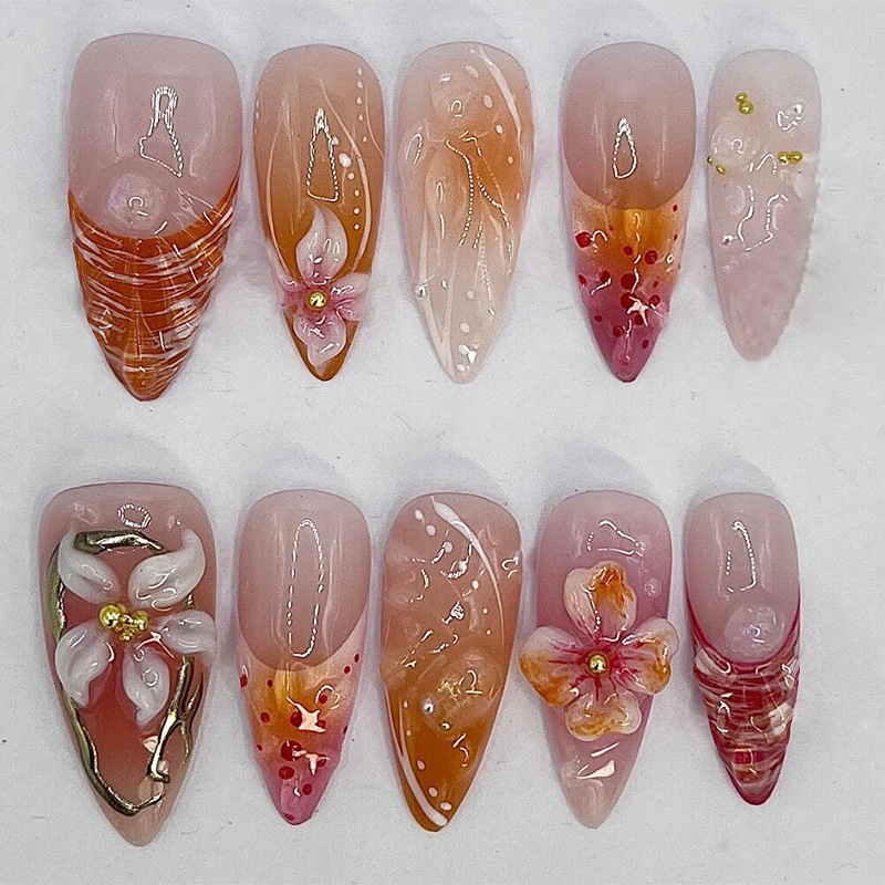 24pcs Brown Leopard Print Press On Nails Cute Stereo Flower Gold Ball Designs False Nail Sweet Cool European Wearable Fake Nail