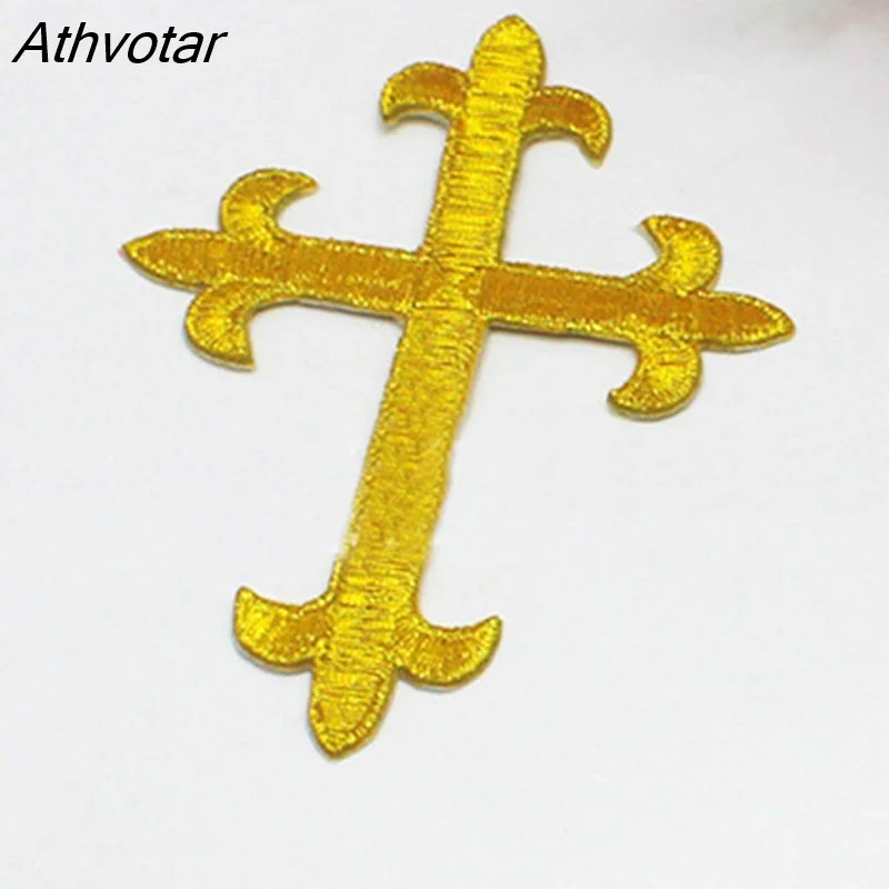 Athvotar Gold Jesus Crosses Embroidery Patches Lace Fabric Decoration Church Appliqued Lace Trims Iron On Badges Hat Bag Shoe Decor