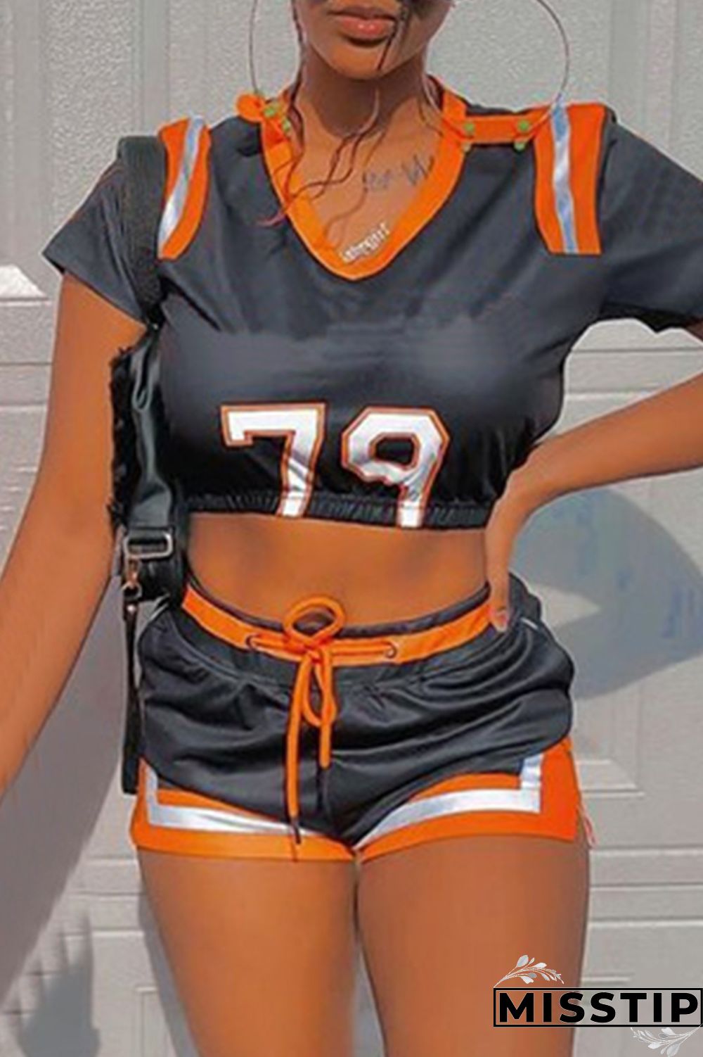 Orange Fashion Sportswear Print Patchwork Short Sleeve Two Pieces