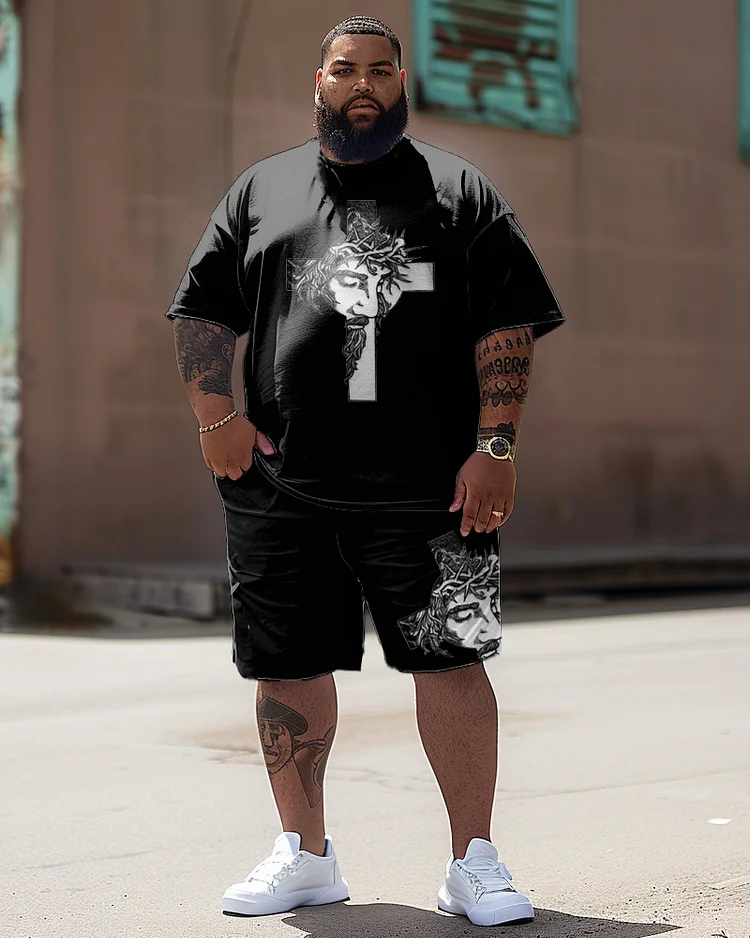 Men's Plus Size Redemption Cross Print T-Shirt Shorts Suit