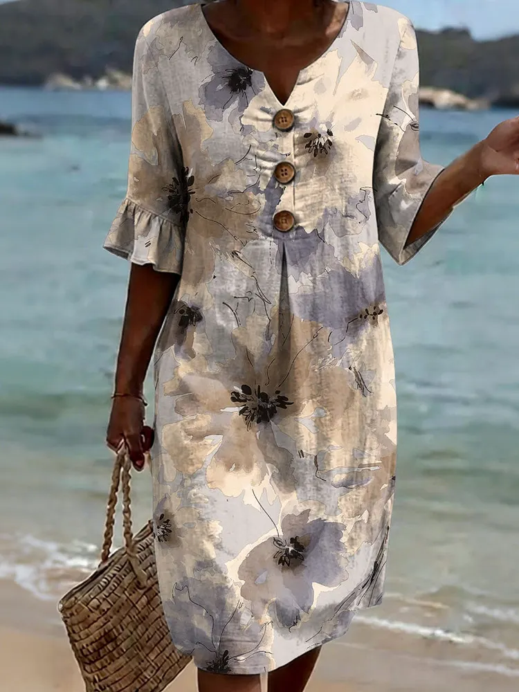 Elegant Vintage Floral Decorative Pattern Women's Polo Collar 100%cotton Dress