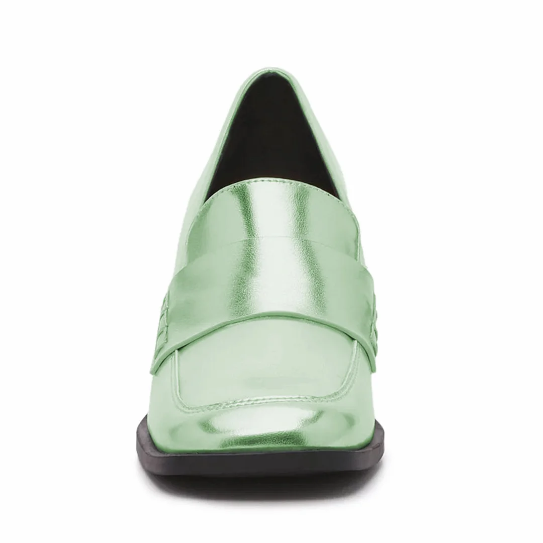 Simple Light Green Metallic Finish Square Toe Block Heeled Loafers