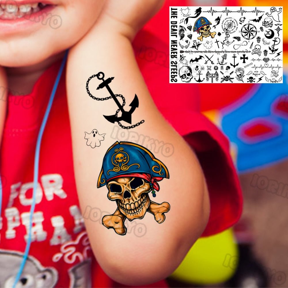 Death Skull Pirate Temporary Tattoo For Children Kids Face Men Boys Women Tattoos Sticker Fake Funny Tatoo Anchor Captain