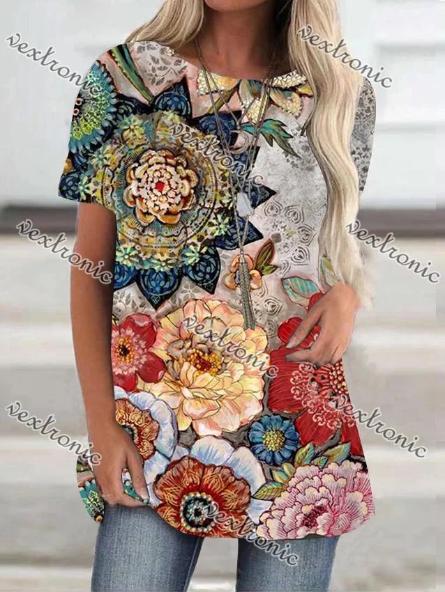 Women Short Sleeve Scoop Neck Floral Printed Colorblock Top