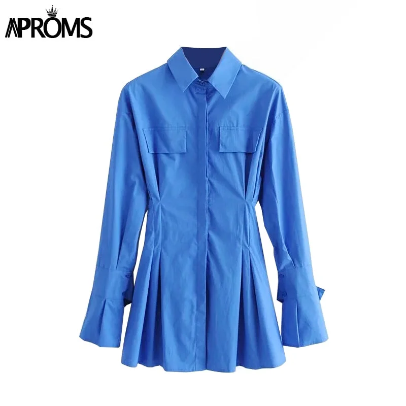 Aproms Elegant Blue Cotton Shirt Dress Women Spring 2022 High Fashion Solid Color Flared Sleeve Bodycon Mini Dresses