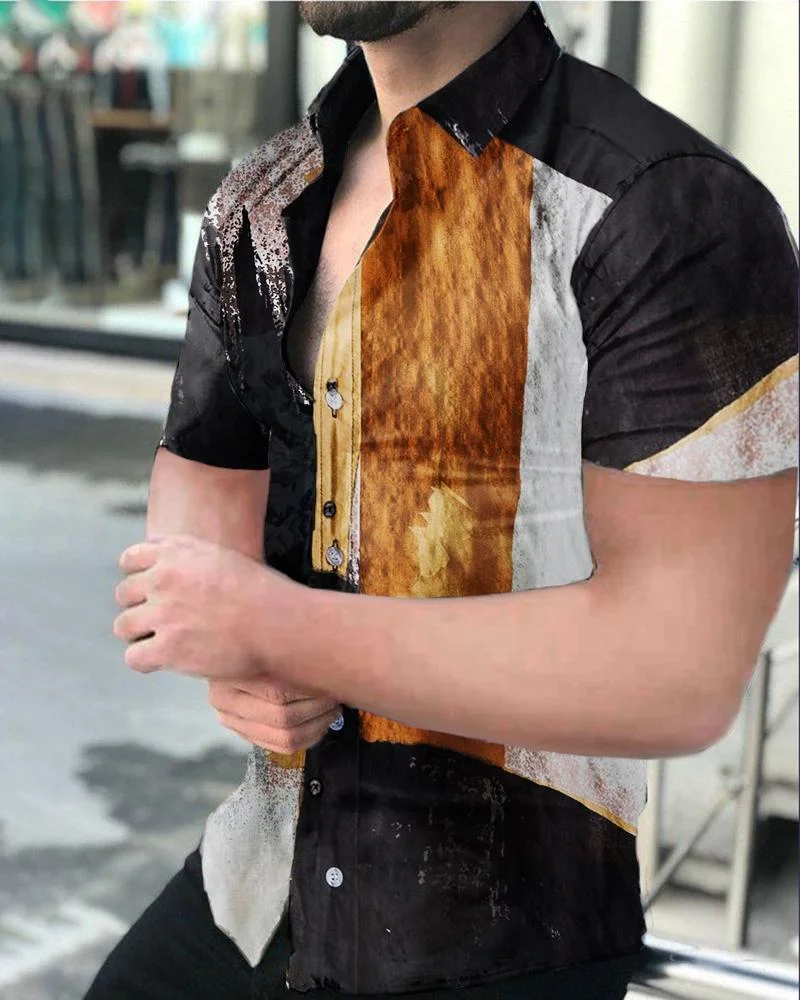 Men's Color Block Printed Casual Shirt Short Sleeve