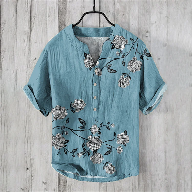 Keffiyeh Roses Inspired Pattern Linen V-Neck Shirt