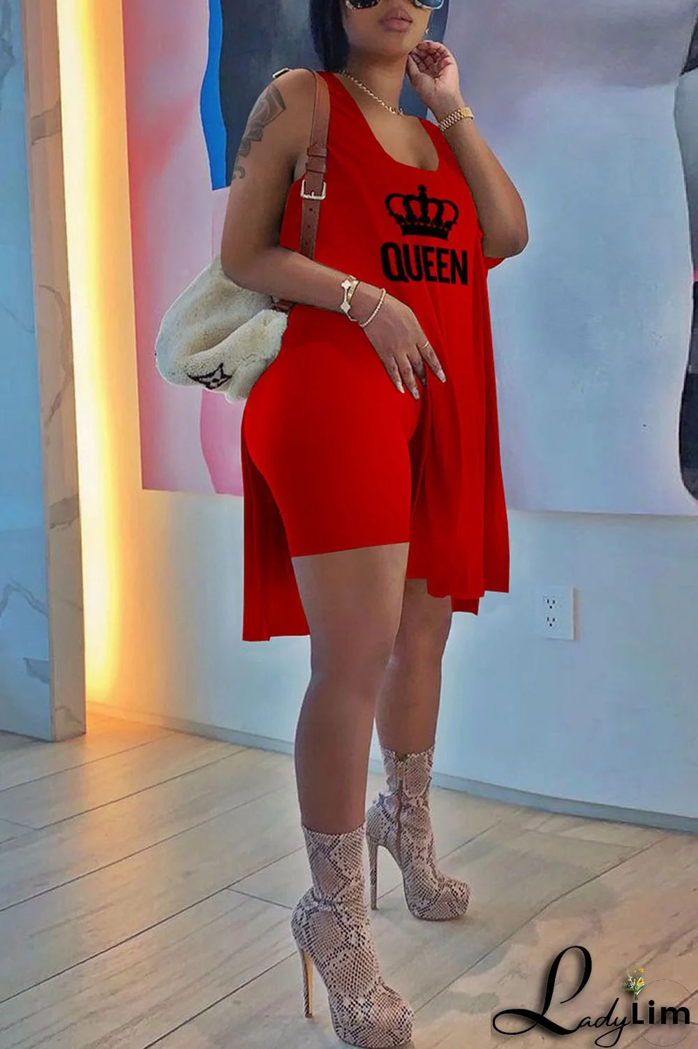 Royal Blue Casual Print Split Joint Slit U Neck Sleeveless Two Pieces