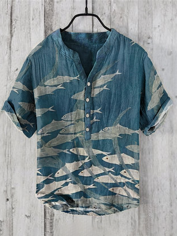 Men's Casual Cluster Of Fish Print Linen Blend Half Button Shirt