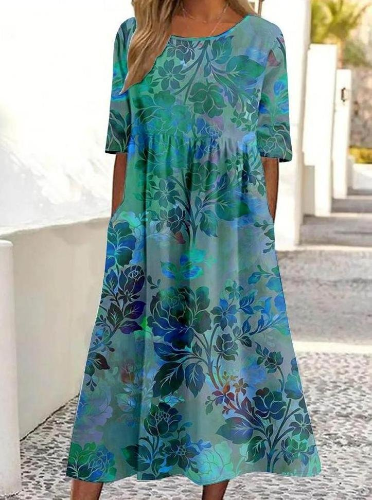 Vintage Floral Print Crewneck Pocket Midi Dress