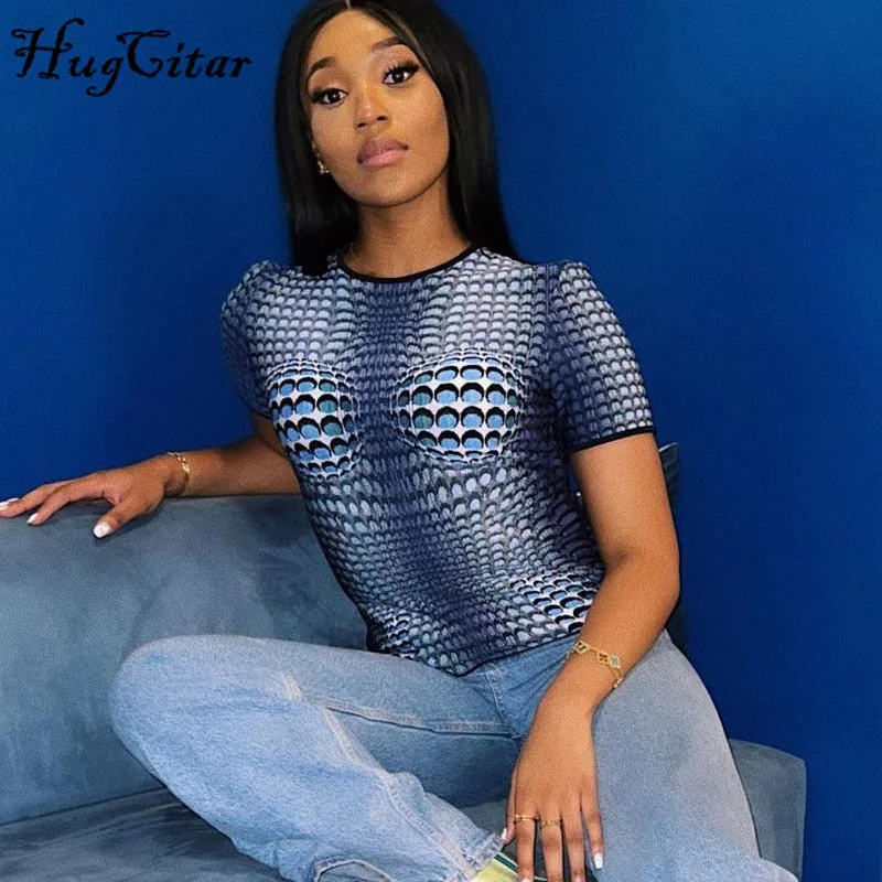 Hugcitar 2021 Short Sleeves Sexy Bodycon O Neck T Shirt Summer Women Fashion Club Snake Print Club Clothes Y2K Robe Beach