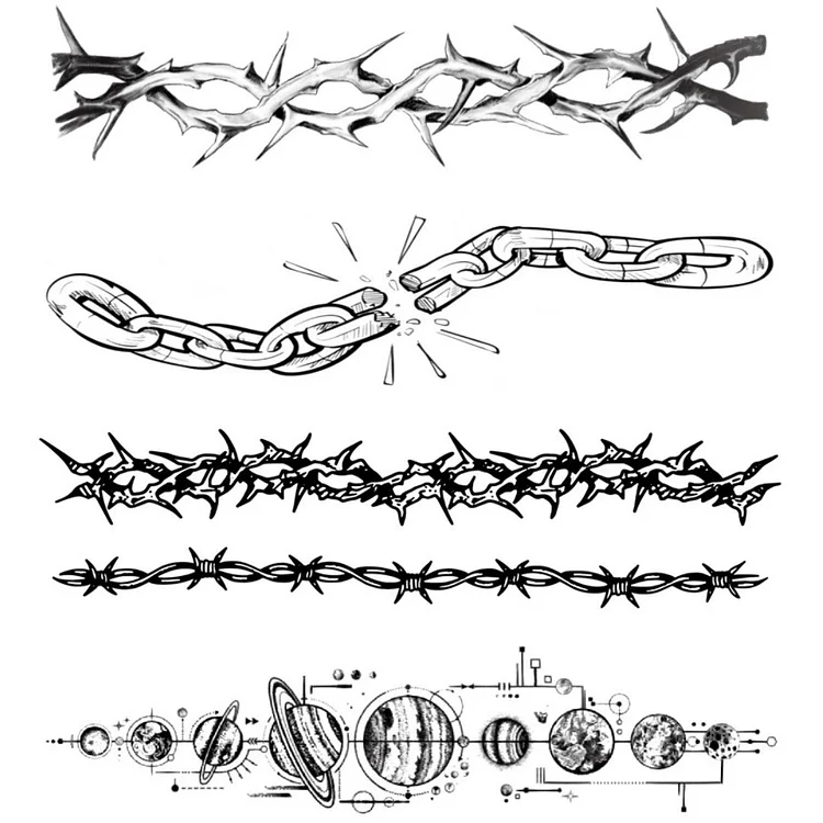 4 Sheets Thorns Chains Planets Neck Wrist Arm Ring Semi-permanent Tattoos 