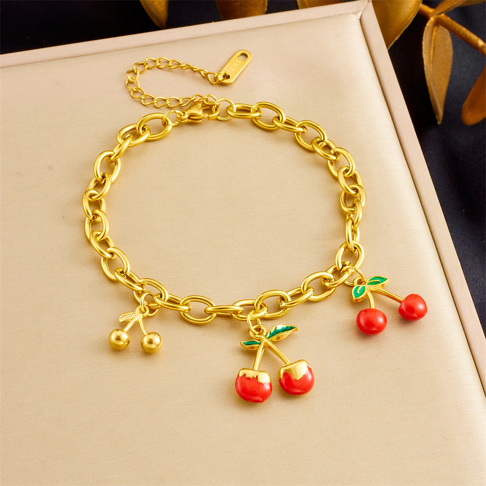 Sweet Forest Cherry Love Lock Pendant Female Ins All-Match Stainless Steel Gold-Plated Bracelet Summer Jewelry