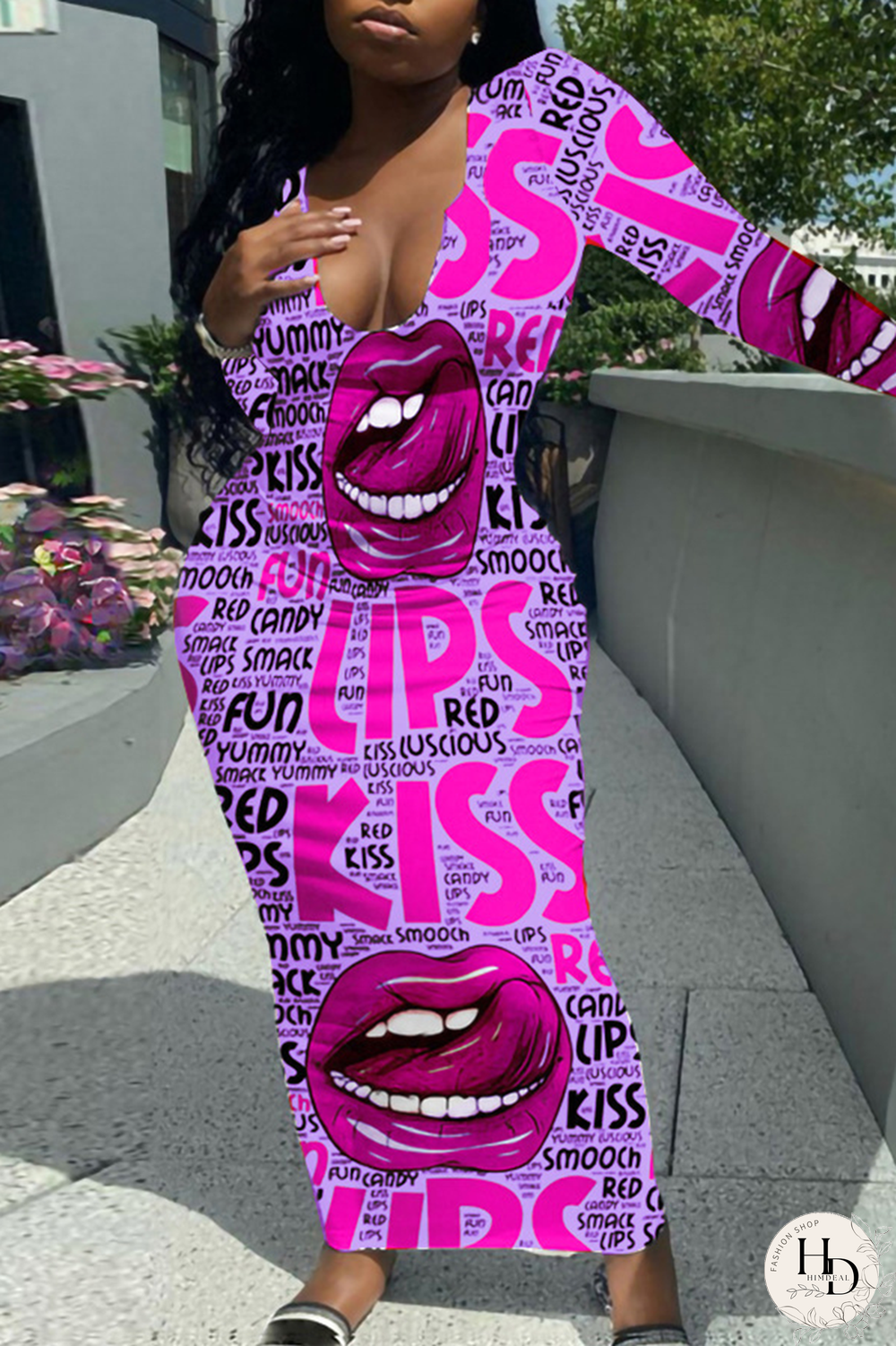 White Sexy Print Split Joint V Neck Pencil Skirt Dresses