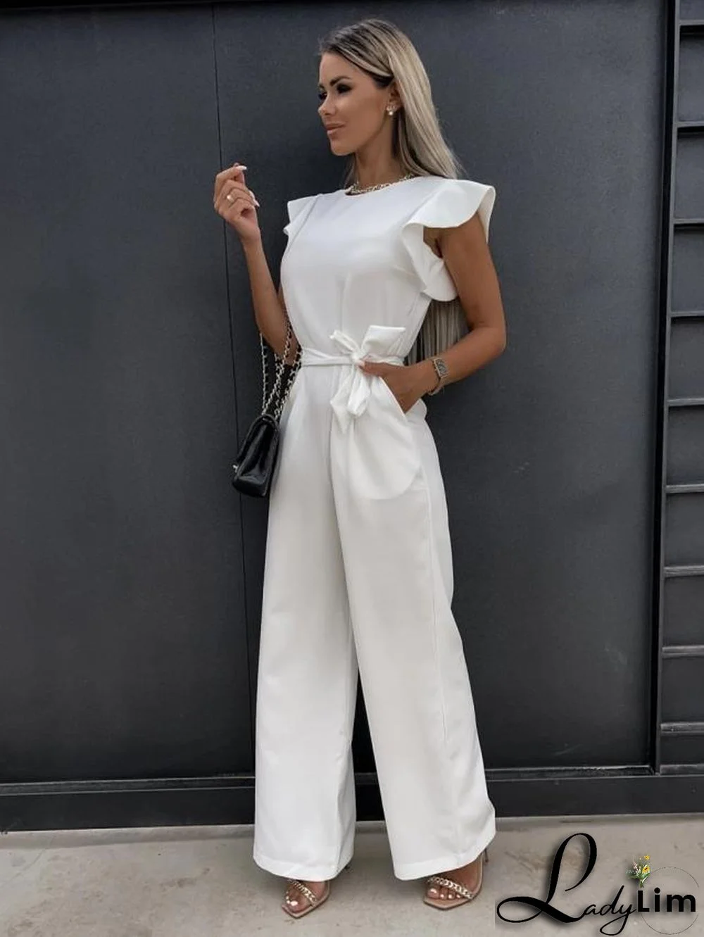 Women's Solid Color High Waist Career Wide Leg Jumpsuit with Belt