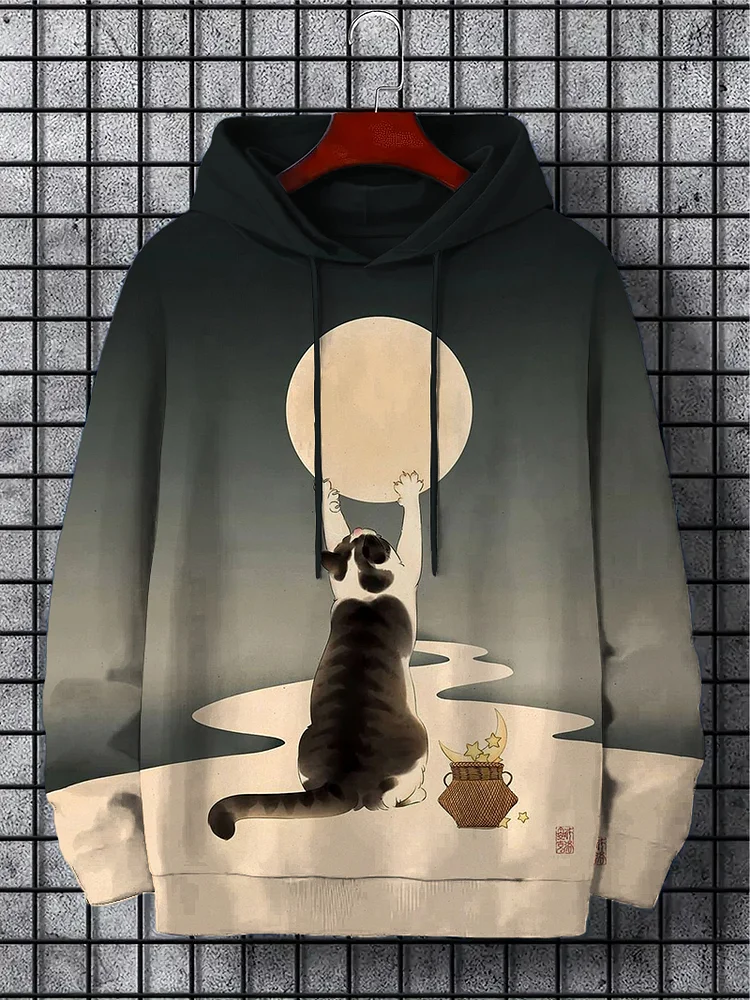 Men's Cat Picking Moon Funny Printed Hooded Sweatshirt