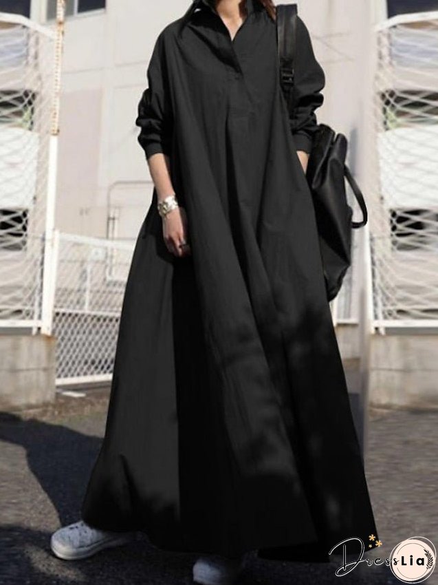 Cotton Linen Dress Casual Dress Swing Dress Maxi long Dress Cotton And Linen Basic Casual Daily Outdoor Winter Dress Daily Shirt Collar Pocket Long Sleeve Summer Spring Fall Loose Fit for Women