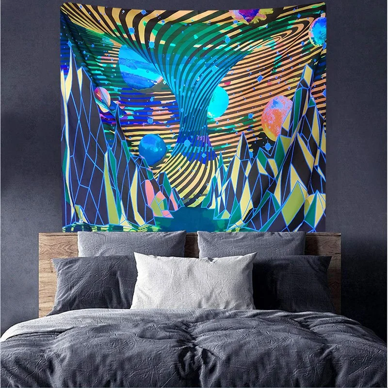 Fluorescent Mushroom Wall Hanging Tapestry Nature Art Starry Sky Galaxy Psychedelic Carpet Indian Mandala Dark Glowing Tapestry