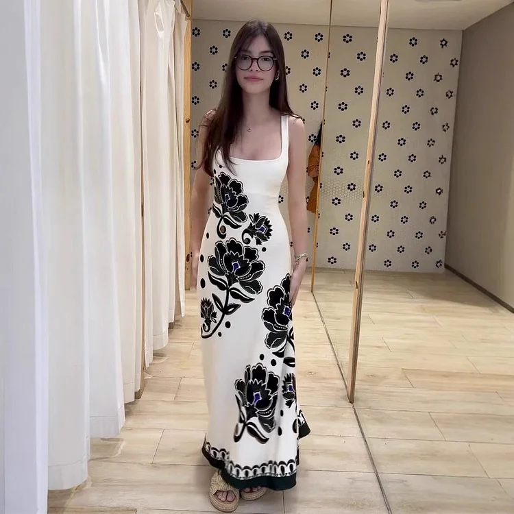 Black Floral French Backless Dress 