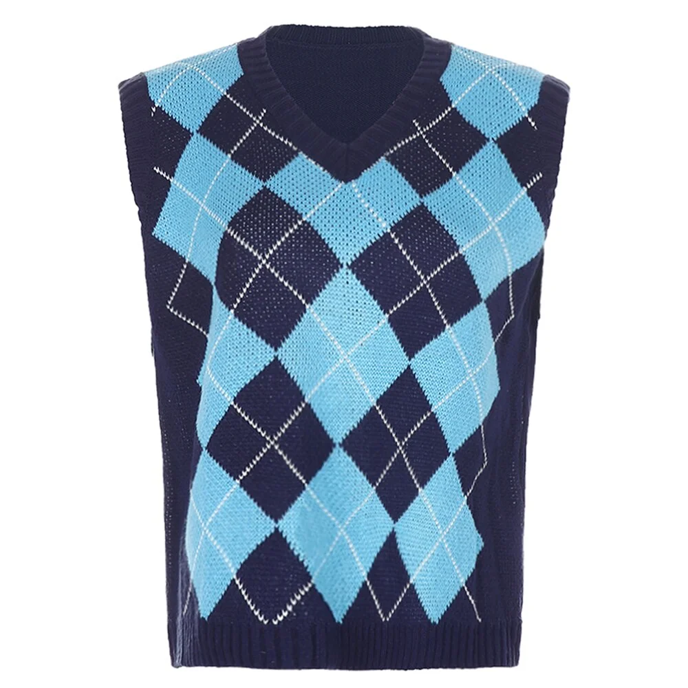 2020 fall e-girl rhombus sweater vest women jumper sleeveless pullover knitted vests women y2k Preppy style Crop Top y2k top