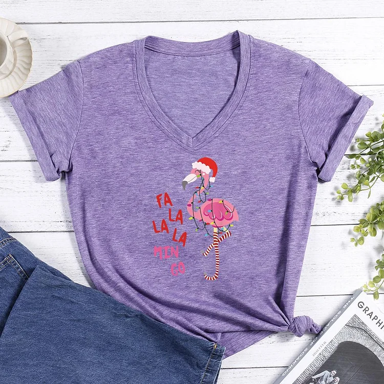 Flamingo christmas V-neck T Shirt-Annaletters