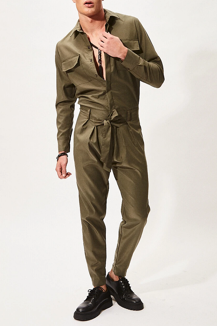 Casual Knotted Slim Fit Olive Green Jumpsuit With Pocket