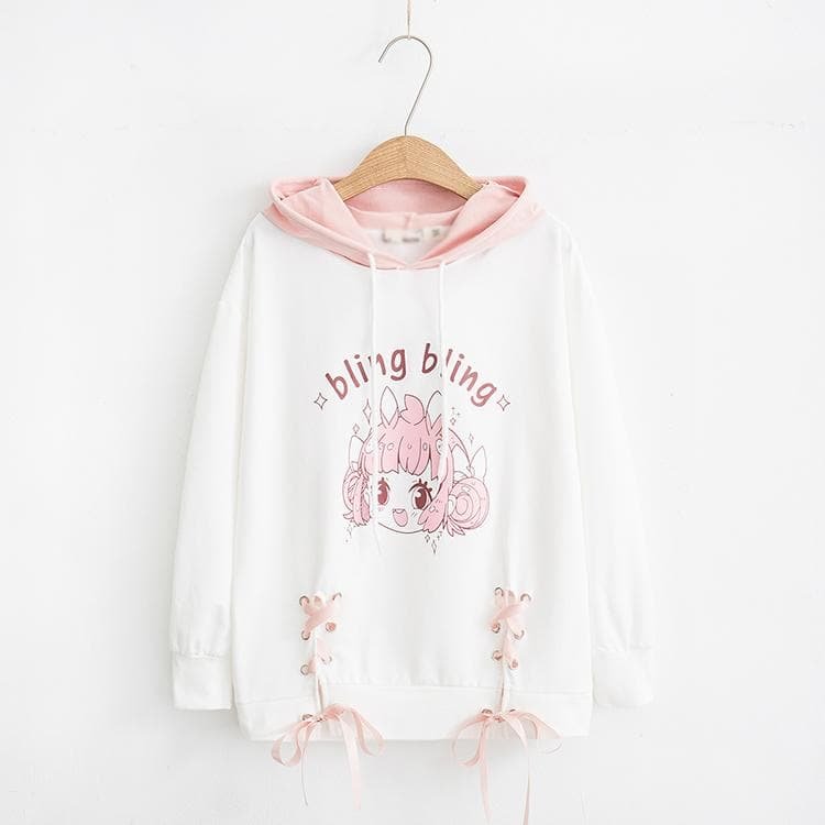 White/Pink Bling Bling Girl Laced Hoodie Jumper SP13570
