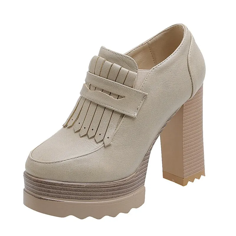 Gdgydh Spring Autumn Retro Shoes Heels Sexy Tassel Urtal High Heels Pumps Women Office Shoes Thick Platform Formal Occasions