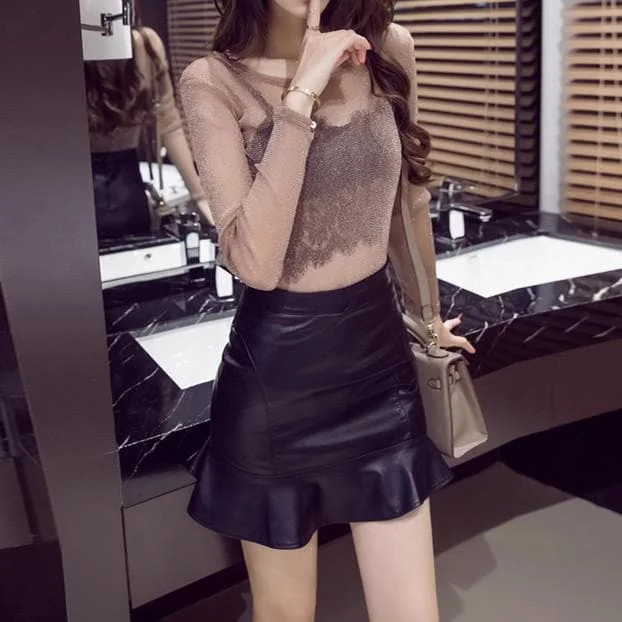 Khaki/Grey/Black Sweet Tulle Club Top/PU Skirt SP1811875