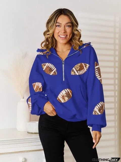 Sequin Football Patch Hal-Zip Hoodie