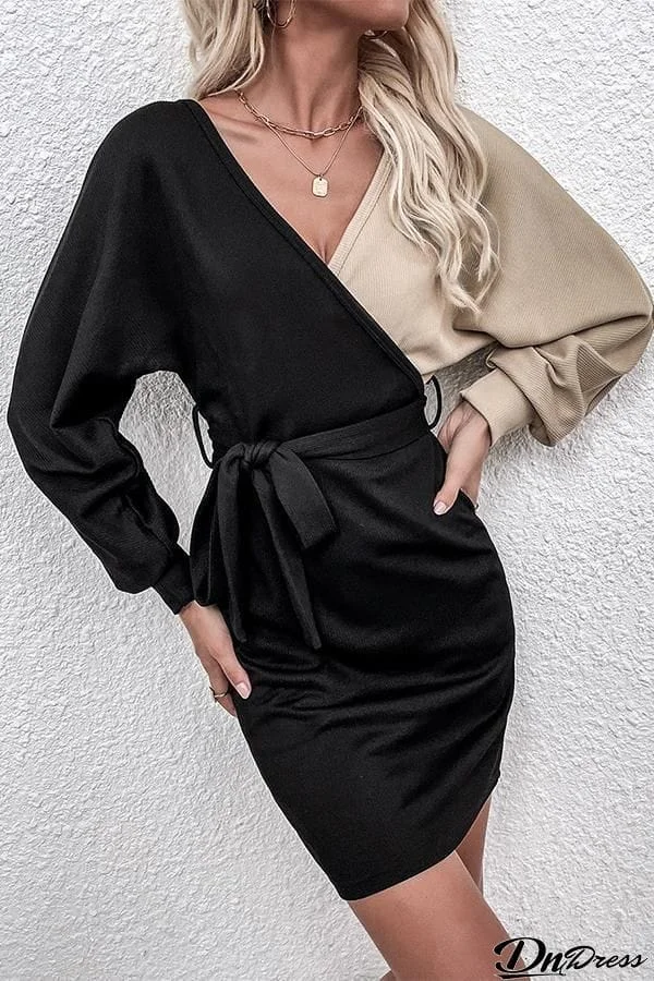 Stitching V-neck Long-sleeved Waist Dress